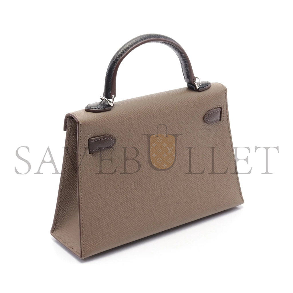 HERMÈS MINI KELLY II TRICOLOR ETOUPE ECORSE HANDBAG VEAU EPSOM GRAY BROWN BLACK SILVER HARDWARE OUTSIDE (19*12*5.5cm)